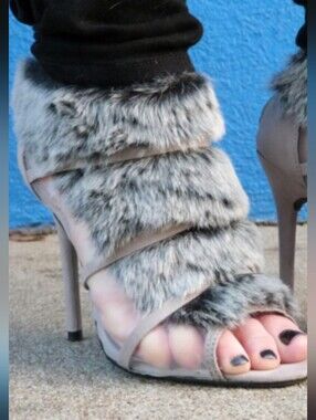 Paper Fox Faux Fur Strappy Stiletto Heels - Taupe Gray